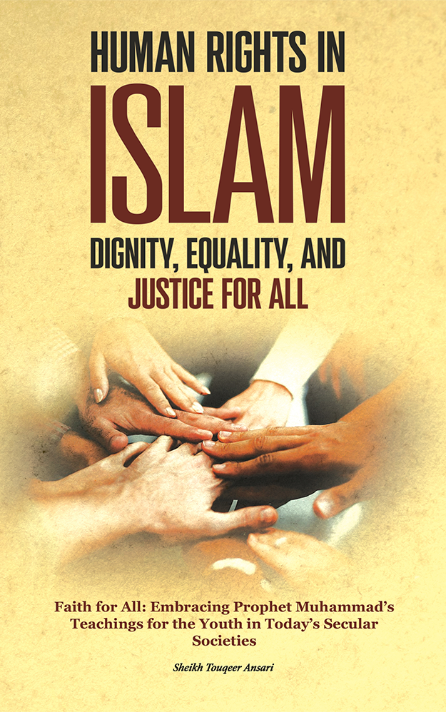 Book cover of 'Human Rights in Islam: Dignity, Equality, and Justice for All' featuring hands reaching towards each other against a beige background.