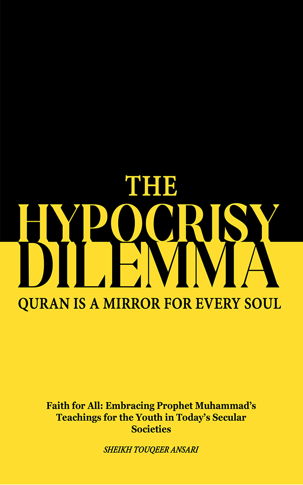 This image features the cover of a book titled "The Hypocrisy Dilemma: Quran Chapter 1 & 2," which is described as a thought-provoking book on faith and hypocrisy. The cover design is simple yet striking, with a two-tone approach using black and yellow.