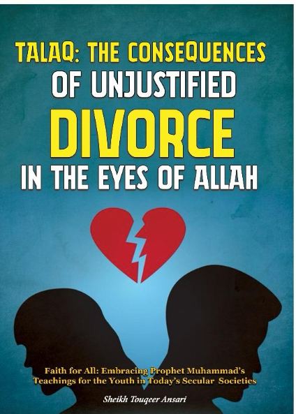 Book cover of 'Talaq: The Consequences of Unjustified Divorce in the Eyes of Allah' featuring silhouettes of two figures and a broken heart symbol.