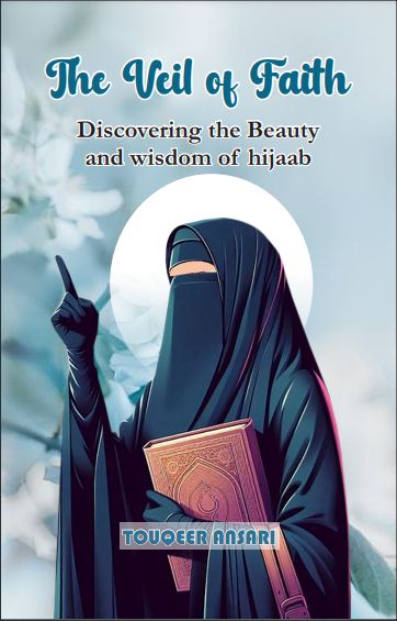 Book cover of 'The Veil of Faith' featuring an illustration of a woman in a hijab holding a book, with title and author name.