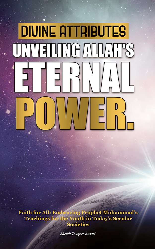 The image depicts the cover of a book titled "Divine Attributes Unveiling Allah's Eternal Power." The cover has a purple and pink background with stars, and the text is in white and gold, emphasizing the title and the author's name, Sheikha Taimur Al-Ajel.