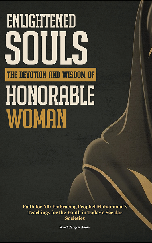 The image features the cover of a book titled "Enlightened Souls: The Devotion and Wisdom of Honorable Woman". The cover design is simple yet elegant, with a dark background that provides a striking contrast to the white and gold text.
