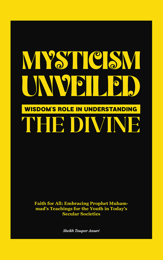 This image features the cover of a book titled "Mysticism Unveiled: Wisdom’s Role in Understanding The Divine." The cover design is simple yet striking, with a black background and bold yellow text that presents the title and author's name, "Shelley Tanger Anani.