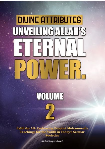 The cover of a book titled 'Divine Attributes Unveiling Allah's Eternal Power. Volume 2' with a space-themed background featuring stars and a glowing cosmic scene.