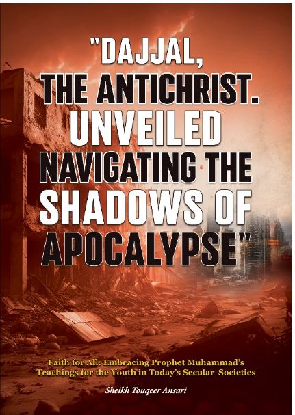 Book cover with the title 'Dajjal, The Antichrist. Unveiled Navigating The Shadows of Apocalypse' featuring a distressed cityscape with a red sky.