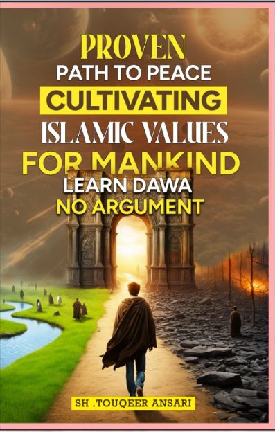The image depicts the cover of a book titled "Proven Path to Peace: Cultivating Islamic Values for Mankind". The book cover features a serene scene with a person walking towards a glowing doorway set against a warm, sunset-like background.