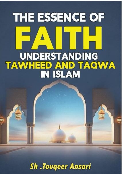 The cover of a book titled 'The Essence of Faith: Understanding Tawheed and Taqwa in Islam' featuring a mosque in the background with arches leading to it.