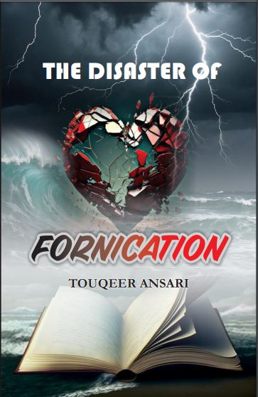 The cover of the book titled 'The Disaster of Fornication (Zina)' featuring a dramatic image of a broken heart with a stormy backdrop, symbolizing the theme of the book.