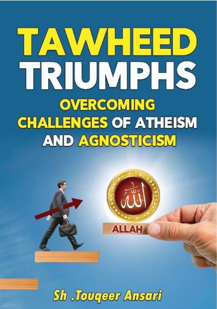 Book cover of 'Tawheed Triumphs: Overcoming Challenges of Atheism and Agnosticism' featuring an illustration of a person walking towards a shining sun with the name 'Allah' on it, against a blue background.