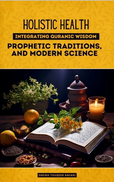 The image features the cover of a book titled "Holistic Health: Integrating Quranic Wisdom, Prophetic Traditions, and Modern Science." The book's cover displays an open book with pages that appear to have religious texts, arranged on a table alongside fruits, a candle, and other items that suggest themes of health and wellness.