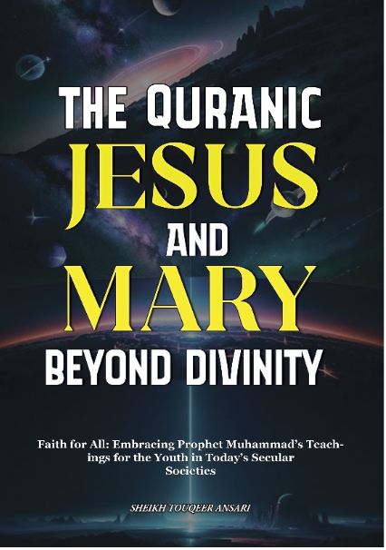 This image features the cover of a book titled "The Quranic Jesus and Mary Beyond Divinity" by Sohail Tauseef Anari. The cover design is striking with a deep, dark background that gives a sense of mystery and contemplation.