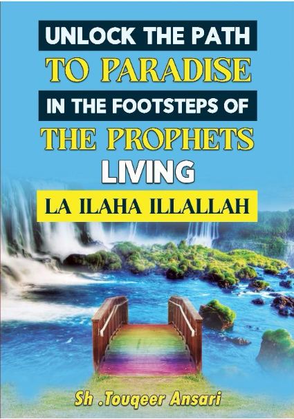 Book cover of 'Unlock the Path to Paradise in the Footsteps of The Prophets Living' featuring a bridge over a river with mountains in the background.