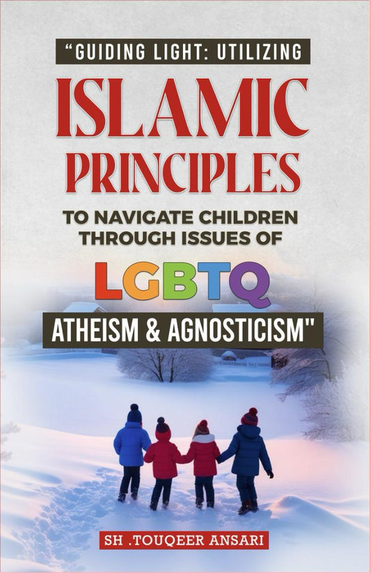 Book cover with the title 'Islamic Principles' featuring an illustration of five people of different genders and orientations, walking hand in hand in a snowy landscape.