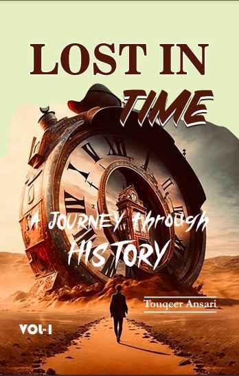 Cover of the book 'Lost in Time: A Journey Through History Volume 1' featuring a large, old clock with a desert landscape in the background and a figure walking towards it.