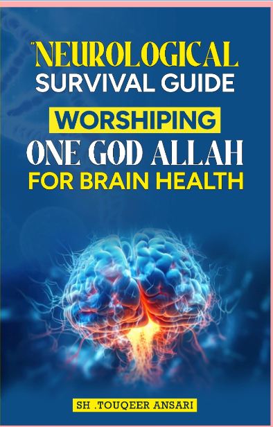 Book cover of 'Neurological Survival Guide: Worshiping One God Allah for Brain Health' featuring a graphical representation of a brain with lighting effects.