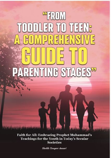 The image features the cover of a book titled "From Toddler to Teen: A Comprehensive Guide to Parenting Stages". The cover depicts a family silhouette against a sunset background, symbolizing guidance and looking towards the future.