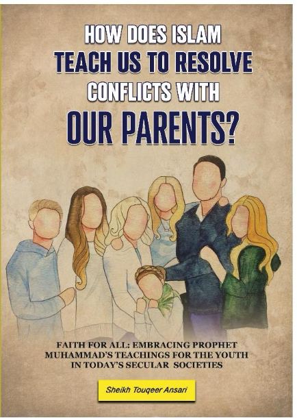 Book cover of 'How Does Islam Teach Us to Resolve Conflicts With Our Parents?' featuring an illustration of a diverse family with the author's name at the bottom.