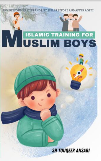 Book cover of 'Islamic Training for Muslim Boys' featuring an illustration of a young boy wearing a green cap and scarf, with adult figures in the background engaging in activities.