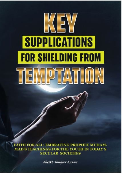 Book cover of 'Key Supplications For Shielding From Temptation' featuring a hand reaching towards the moon against a dark background.