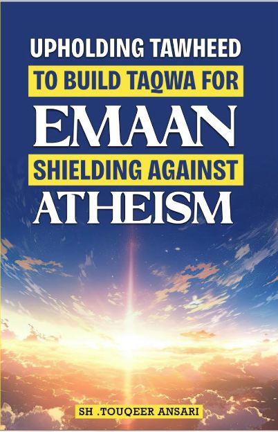 Book cover of 'Upholding Tawheed To Build Taqwa For Emaan Shielding Against Atheism' featuring a graphic design with a sunset and the title text.